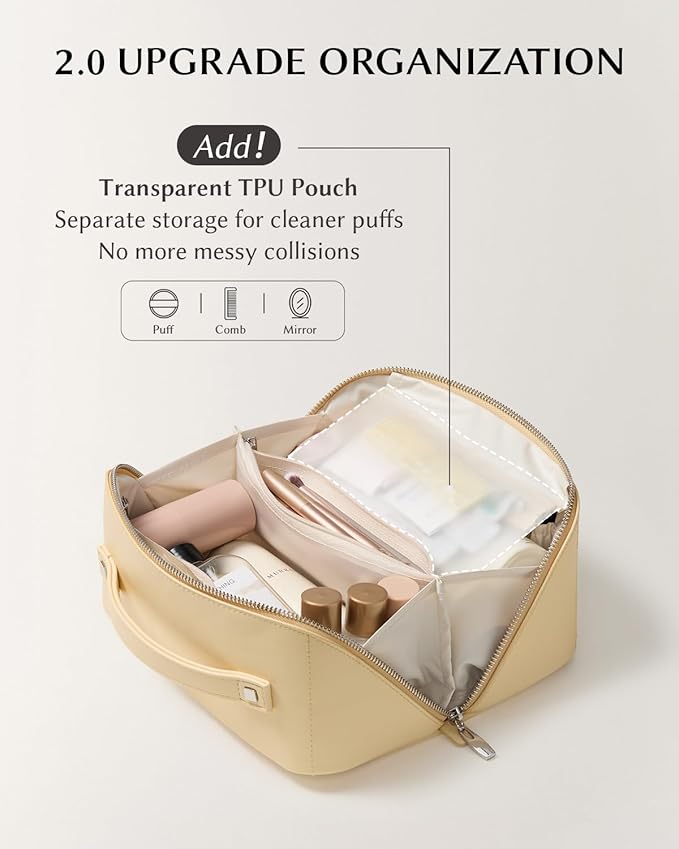 EACHY Travel Makeup Bag, Large Capacity Cosmetic Bag for Women, Waterproof PU Leather, Flat Open Portable Toiletry Bag for Skincare, Brushes & Travel Essentials