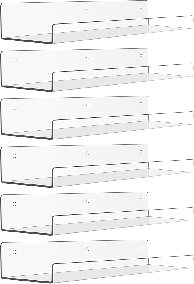 upsimples 6 Pack Acrylic Shelves for Wall Storage, 15" x 4Ã¢ÂÂ Floating Bookshelves for Kids, Display Shelf Organizer for Bathroom, Bedroom, Living Room, Kitchen, Room Decor, Clear