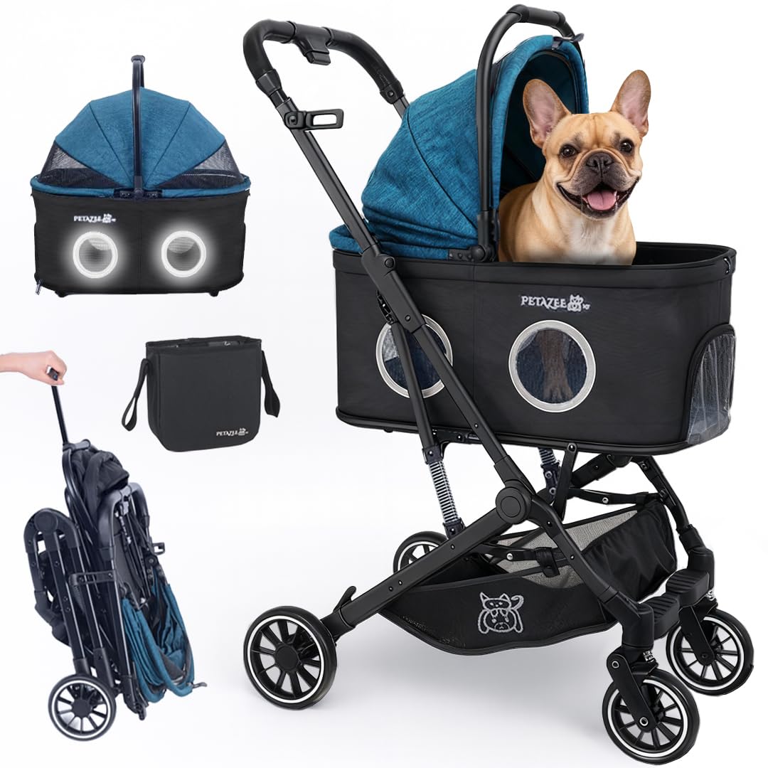 Pet Stroller for Small & Medium Dogs and Cats Up to 50 lbs, 3-in-1 Lightweight Dog Stroller with Detachable Carrier, 360° Mesh Windows, One-Click Fold, Storage Bag & Basket, Cup Holder, All-Terrain