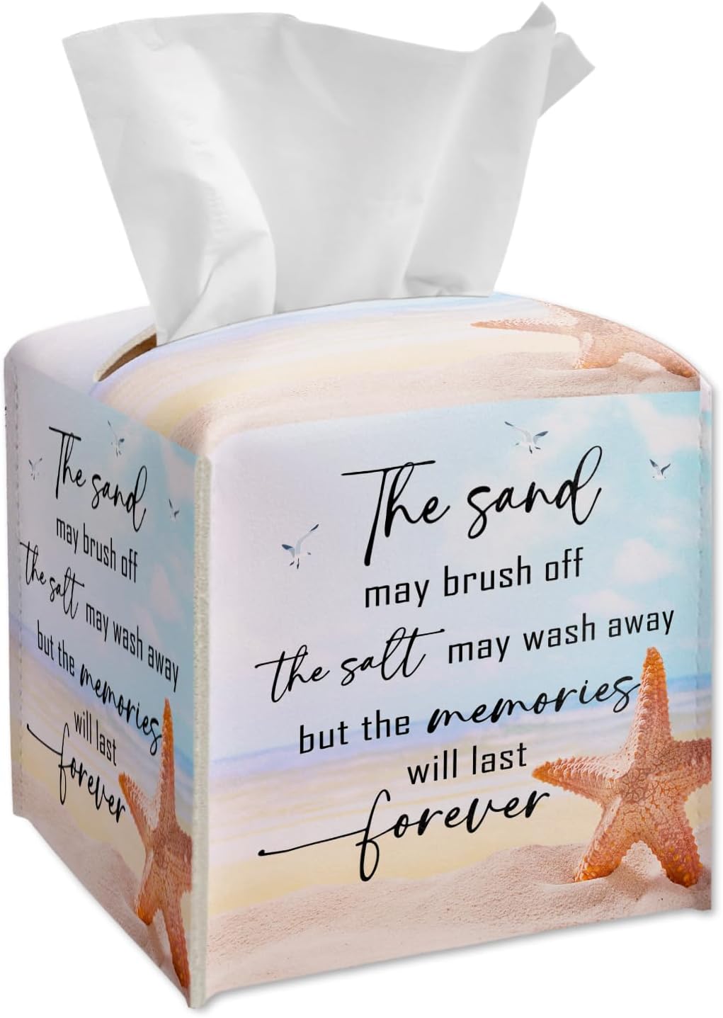 Beach Tissue Box Cover Square, Starfish Tissue Box Holder with Bottom Belt, Leather Facial Paper Holder Coastal Decor for Bathroom Vanity Countertop, Nightstands, Dining Table, Office, Car -05
