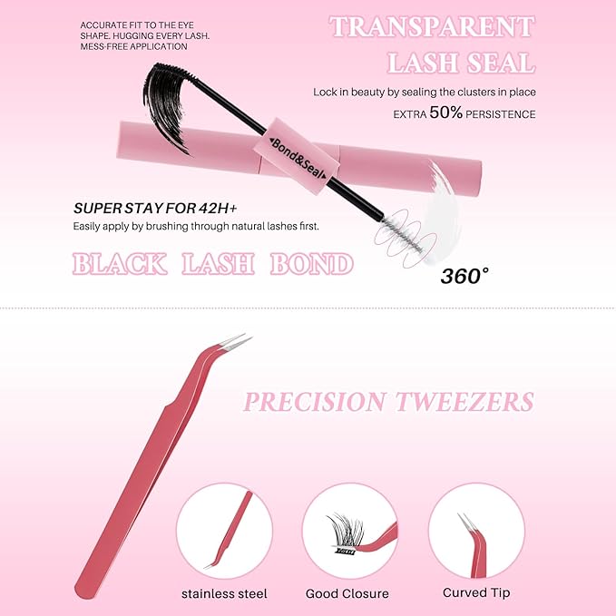 RITALASH Lash Clusters Kit with Lash Bond and Seal DIY Lash Extension Kit Cluster Lashes Mixed Tray Eyelash Extension Kit Soft Thin Band Individual Lashes,Lash Tweezers,Mascara Brush(RX Kit,9-16mm)