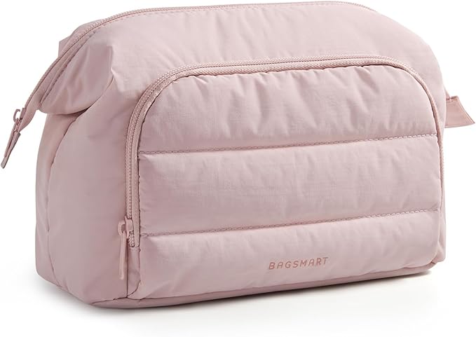 BAGSMART Travel Makeup Bag, Cosmetic Bag Small Make Up Organizer Case,Wide-open Pouch for Women Purse for Toiletries Accessories Brushes,Large Beige