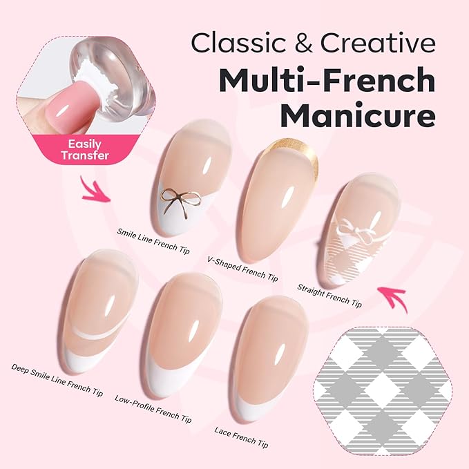 Modelones 16PCS Plaid Nail Stamping Kit – French Tip Stamper White Black Painting Gel Polish Chrome Powder Proof Matte Gel Top Coat Gingham Template Dual Nail Art Brush Spring Manicure Gift for Women