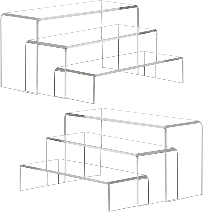 ANDGOO Large Acrylic Display Risers, 2 Sets(11.2Ã¢ÂÂL~11.6Ã¢ÂÂL~12Ã¢ÂÂL) Clear Rectangular Showcase Collectibles Display Shelf, Retail Desktop Risers Display Stand for Organize and Decoration