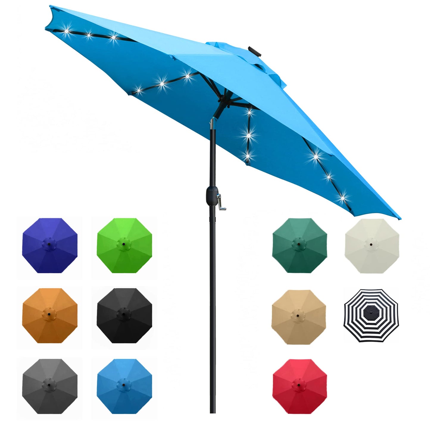 Sunnyglade 9' Solar LED Lighted Umbrella with 8 Ribs Adjustment and Crank Lift System for Patio(Blue)