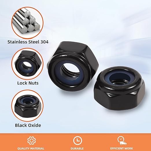 MewuDecor 3/8-16 Nylon Insert Hex Lock Nuts Locknuts, 304 Stainless Steel 18-8, Black Oxide, 25 PCS