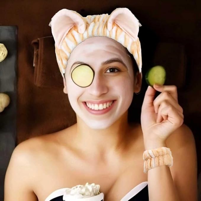 Cute Spa Headband and Wristband Set for Women Kawaii Cat Ear Yellow Makeup Headband for Washing Face (3PCS, Yellow)