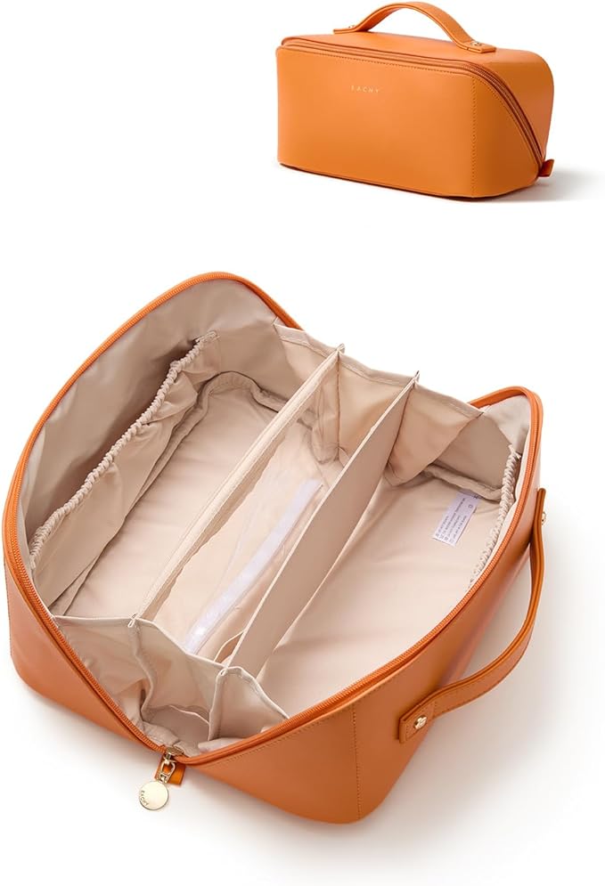 EACHY Travel Makeup Bag, Large Capacity Cosmetic Bag for Women, Waterproof PU Leather, Flat Open Portable Toiletry Bag for Skincare, Brushes & Travel Essentials