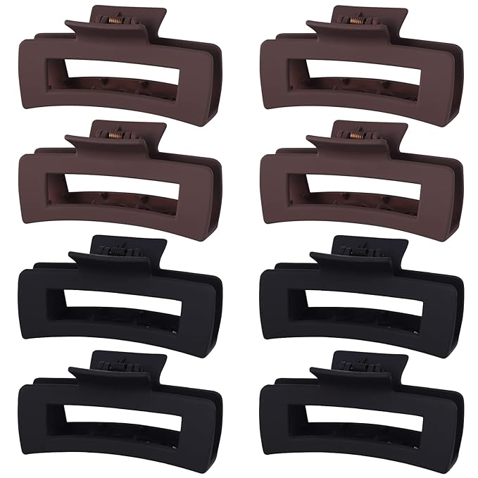 Mandydov 8 Pcs Large Hair Claw Clips 4.1" Non-slip Big Square Matte Hair Claw Clip Black Grey Claws for Women, Strong Hold for Thick Thin Hair