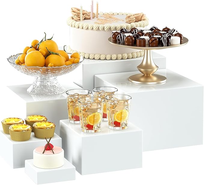 6 Pcs White Acrylic Boxes for Display as Buffet Risers and Stands, Food Risers for Party, Table, Stands, including 8", 7", 6", 5", 4", 3" (Small, 6Pcs, White)