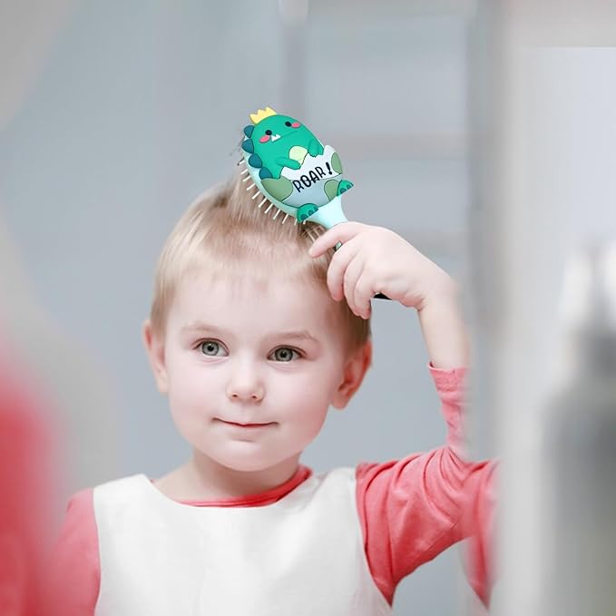 Toddler Hair Brush - Mini Hair Brush for Kids - Travel Brush for Boys and Girls - Baby Detangler Brush for Thin Hair - Dinosaur Brushes with Air Cushion - Green