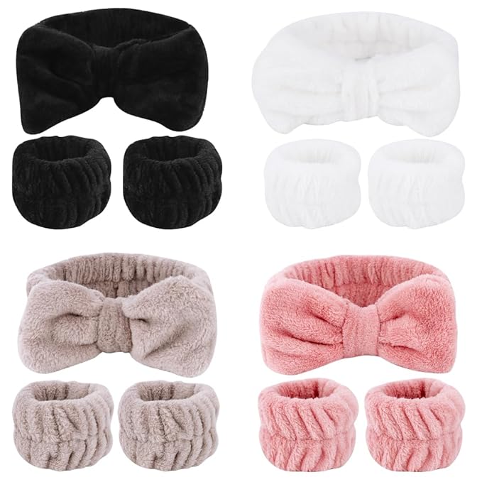 SPA Headbands for Washing Face Makeup Headbands with Bow Hair Band Women Facial Head Band Wrist Towel Wraps For Shower Face Mask Black Pink White, 12 Pack