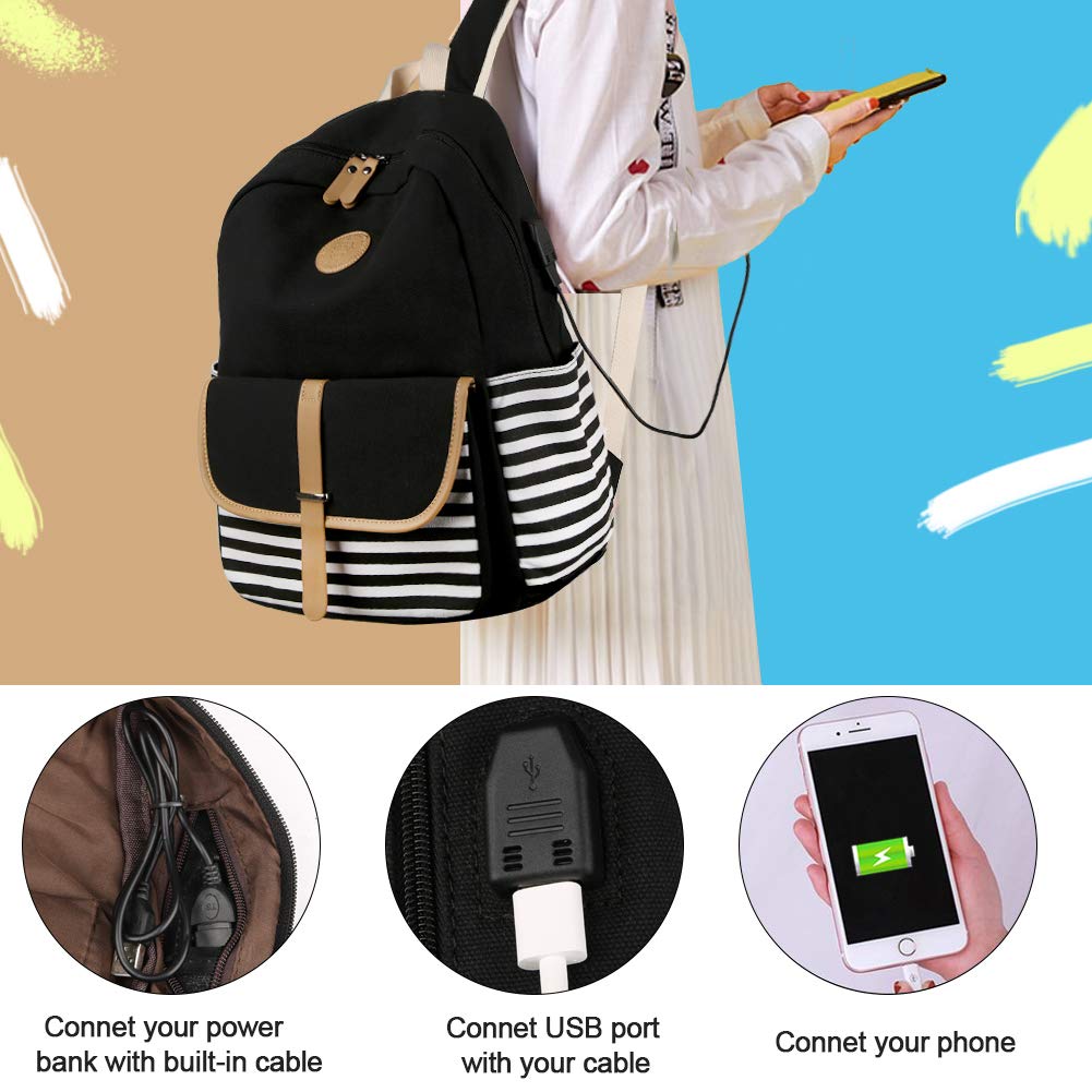 SCIONE Backpacks for Women Teen Girls, Big Kid Large Capacity Book Bag with USB Charger Port,Cute Canvas Bookpack -Durable Black Stripe Backpack,Travel Laptop Backpack,Back to School Gift for Girls