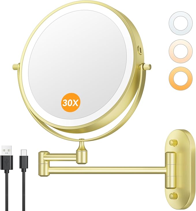 Auxmir 1X/30X Wall Mounted Makeup Mirror with Light, 8" Rechargeable Double-Sided Magnifying Mirror, Vanity Mirror Dimmable 3 Color Light, 360° Extension Rotation Foldable 14.5 Inch Arm, Gold