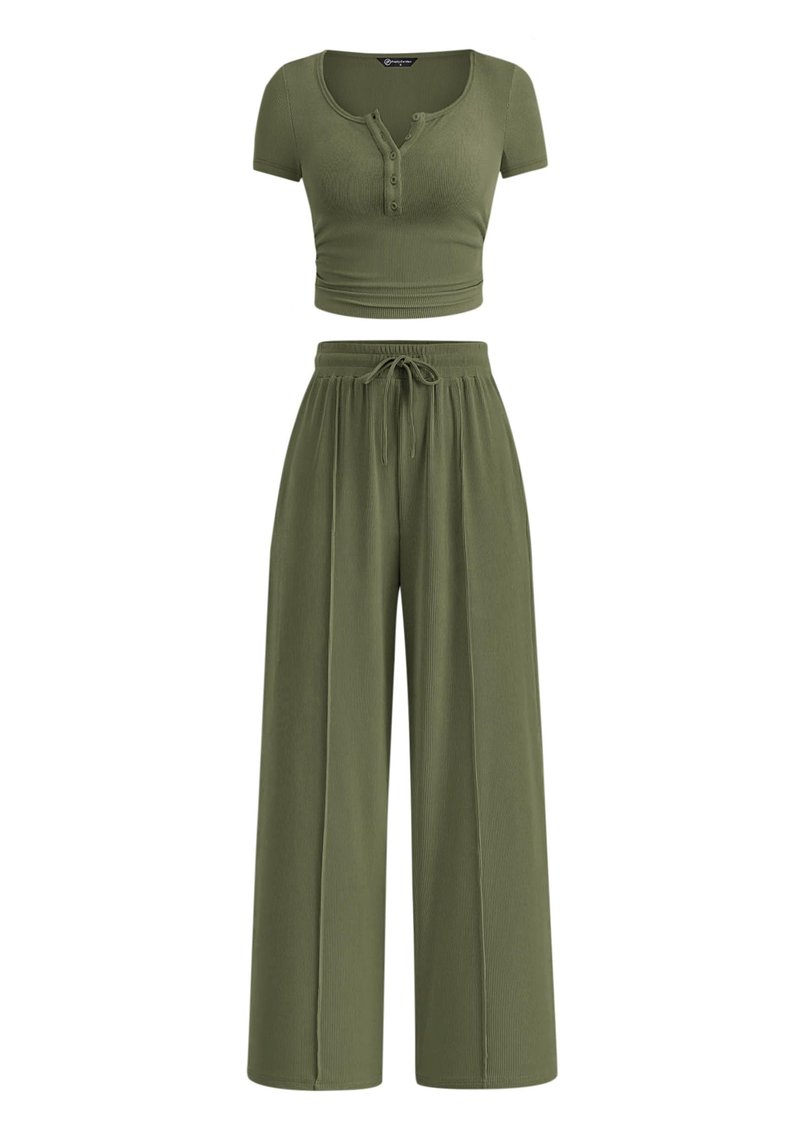 PRETTYGARDEN Womens 2 Piece Outfits Summer 2026 Ribbed Knit Button Short Sleeve Tops Casual Wide Leg Pants Lounge Sets