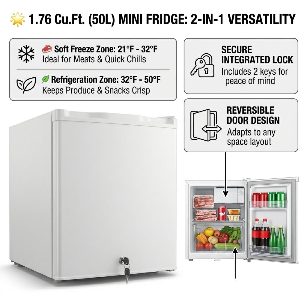 Casanta 50L. Mini Fridge with Lock and Key, Compact Refrigerator with Chiller Compartment, Quiet Energy Efficient Small Fridge for Dorm, Bedroom, Office, RV, Garage - White