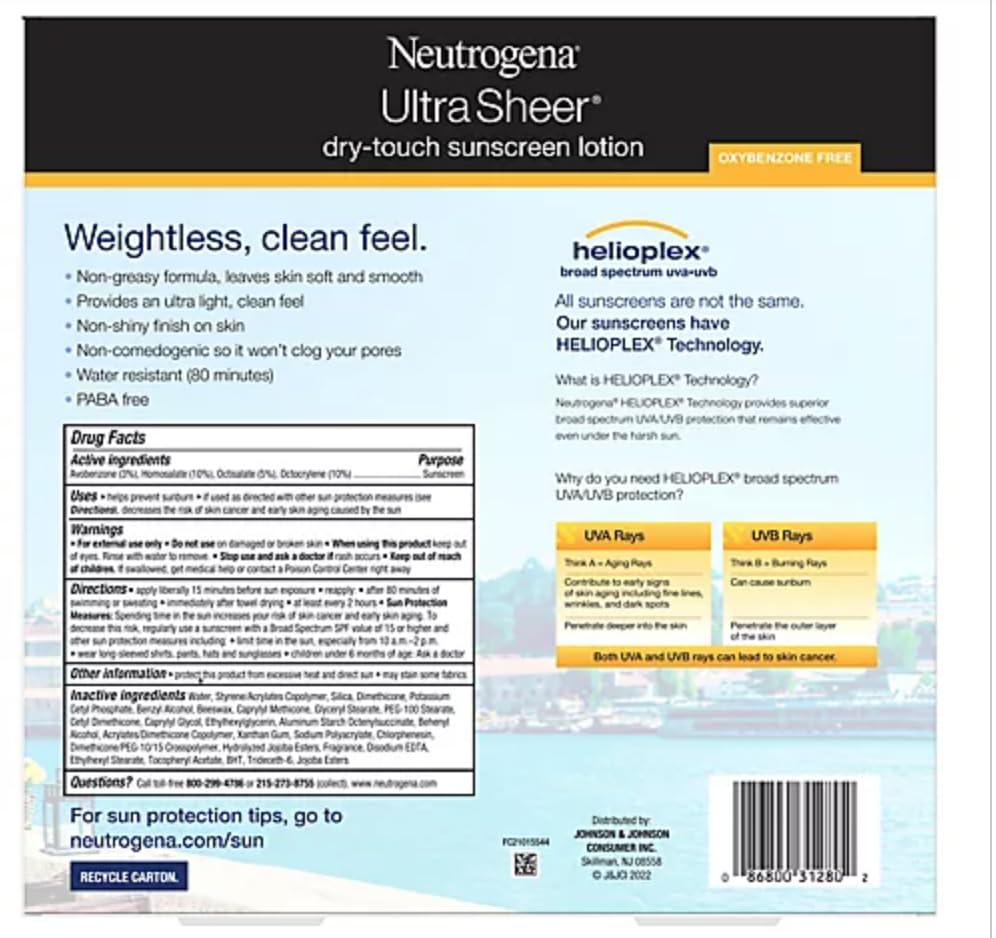 Neutrogena Ultra Sheer Dry-Touch Sunscreen Lotion, Broad Spectrum SPF 55 UVA/UVB Protection, Lightweight Water Resistant Face & Body Sunscreen, Non-Greasy, Travel Size, 3 fl. oZ (3PACK)