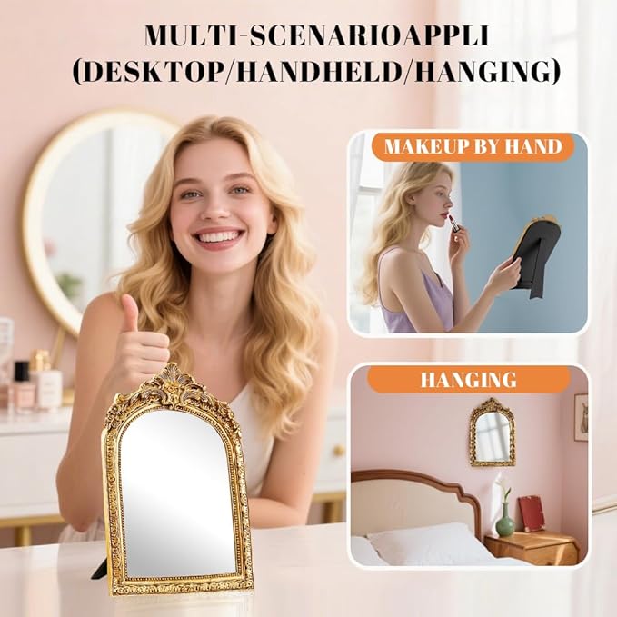 YUSONG Vintage Makeup Mirror for Tabletop - 8" Antique Gold Arched Desk Mirrors with Resin Frame Vanity Table Mirror for Bedroom Living Room Retro Decor