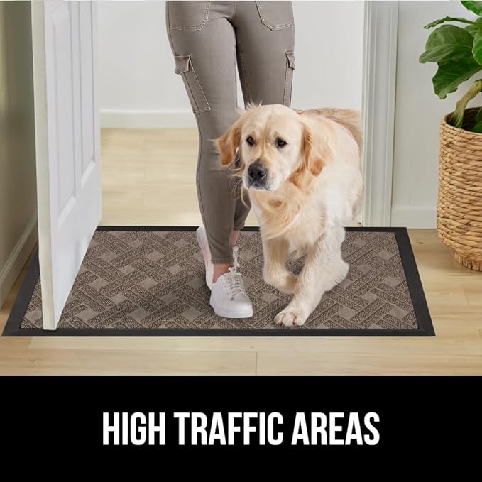 GORILLA GRIP 100% Waterproof All-Season WeatherMAX Doormat, US Designed Natural Rubber, Stain and Fade Resistant, Low Profile Indoor Outdoor Door Mats, Easy Clean Patio Mat, 17x29, Taupe Basket Weave
