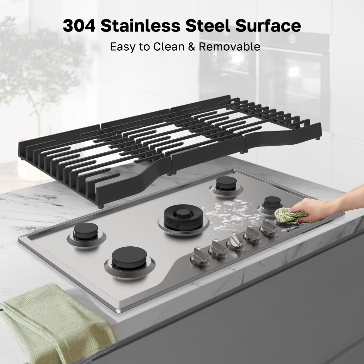 ThermoMate Heavy 36 Inch Gas Cooktop with 5 Italy Sabaf Power Burners, Built In Stove Top of 304 Stainless Steel, Gas Hob NG/LPG Convertible, Cooker with Thermocouple Protection CSA Certified