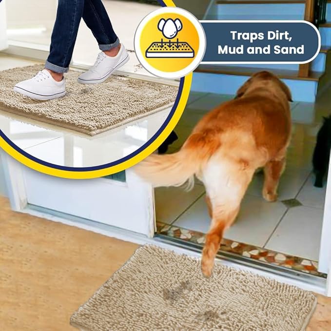 Muddy Mat® | Super Absorbent Door Mat Indoor, Microfiber Quick Dry Chenille Entryway Rug, Non-Slip Front Door Mat, Indoor Mats for Entryway, Machine Washable Pet Rug, Beige 28"x18"