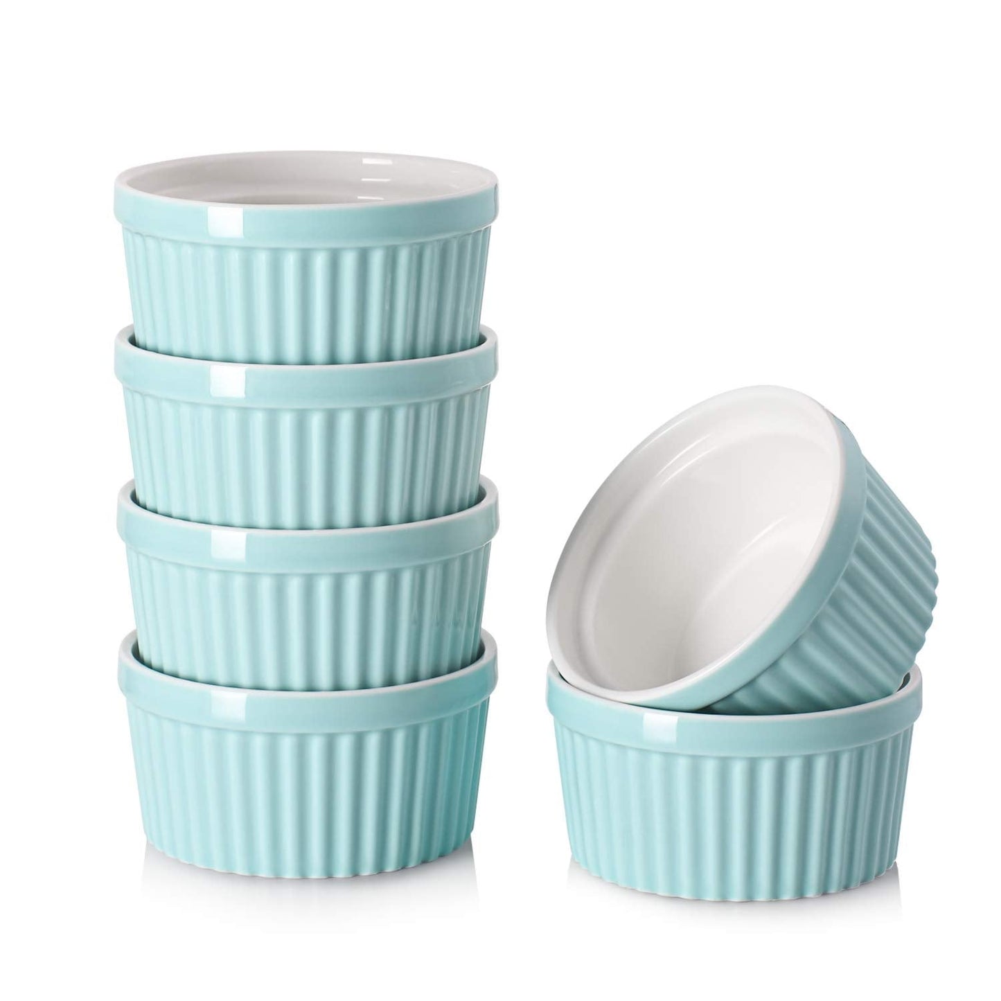 DOWAN Ramekins 6 oz Oven Safe - 6 oz Ramekins for Creme Brulee Souffle, Porcelain Ramekins for Baking, Classic Style Ramekins Bowls, Set of 6, Blue
