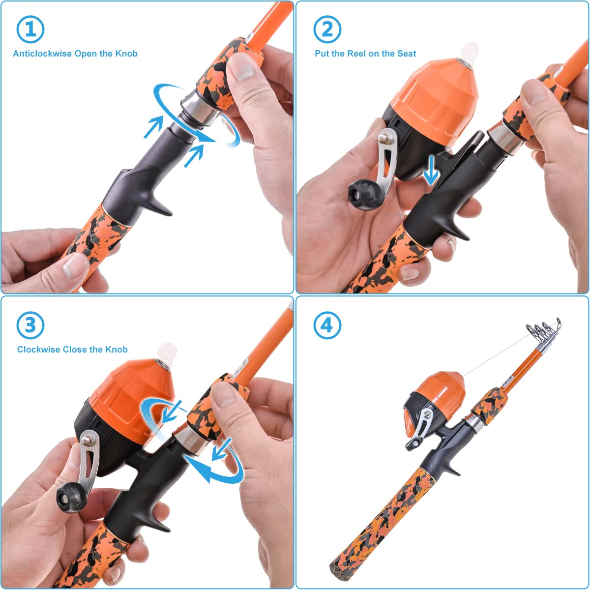 CODEK Kids Fishing Pole Set with Full Starter Kits 2 Set Portable Telescopic Fishing Rod and Spincast Reel Cambos with a Fishing Net and 2 Buckets for Boys Girls and Youth (Orange)