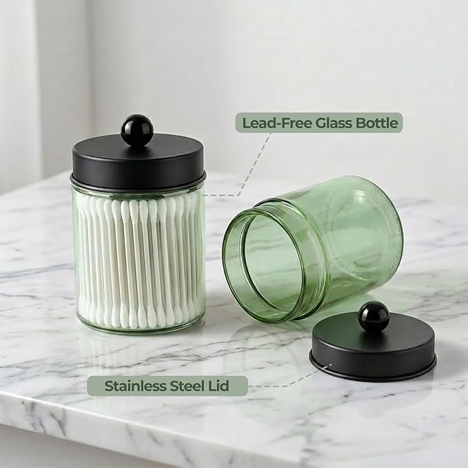 Amolliar 4 Pack Apothecary Jars Bathroom Vanity Storage Organizer Set -Countertop Canister with Stainless Steel Lids &Stickers Qtip Dispenser Holder for Cotton Swab (Green-black Lid)