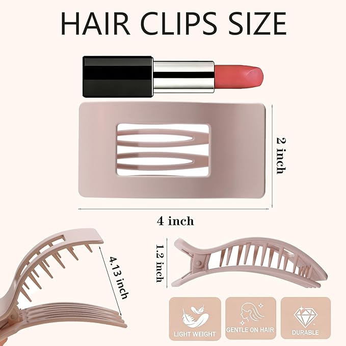 4 Pack Large Flat Hair Clips for Women, Rectangle Matte Non-slip Lay Flat Claw Clips, French Strong Hold No Crease Barrettes for Thick & Thin Hair, Stylish Square Hair Accessories (Neutral Colors)