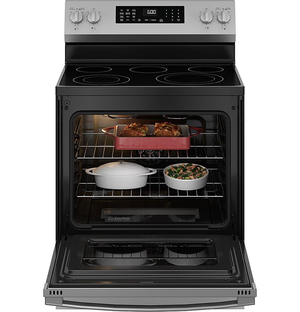GE GRF600AVSS 30 in. 5 Burner Element Smart Free-Standing Electric Range in Stainless w/EasyWash Oven Tray & No-Preheat Air Fry