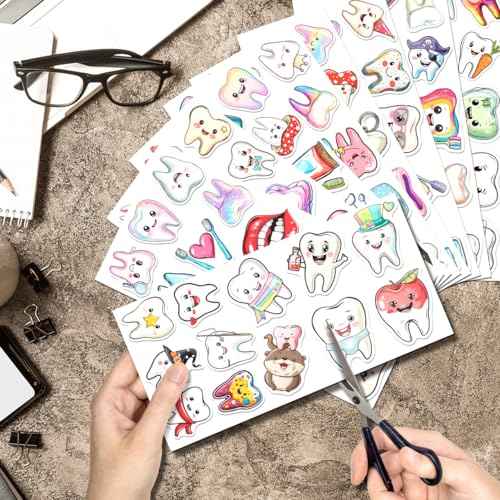 Cute Cartoon Teeth Stickers 108Pcs Dentist Vinyl Tooth Theme for Kids Dental Clinic Classroom Reward Water Bottles Scrapbooking Laptop Decoration Pack Hat