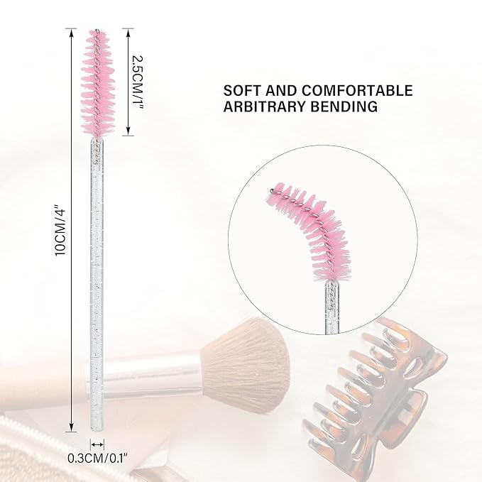 G2PLUS 100PCS Disposable Mascara Brushes, Crystal Lash Brush Makeup Kit, Adjustable Eyelash Spoolies for Eyelash Extensions, Eyebrow and Makeup (White + Pink)