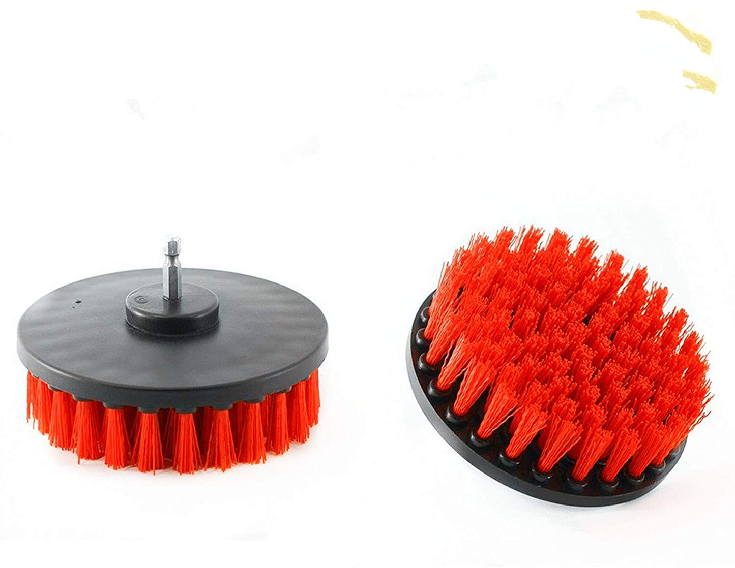 DUOSHIDA Drill Brush Heavy Duty 2PCS – Clean Tile & Grout 5X faster – Spin Away Rust, Soap Scum, Mineral Deposit, Hard Water Stain – 5″ Diameter Stiff Red Nylon Bristle with Metal Shaft Attachment