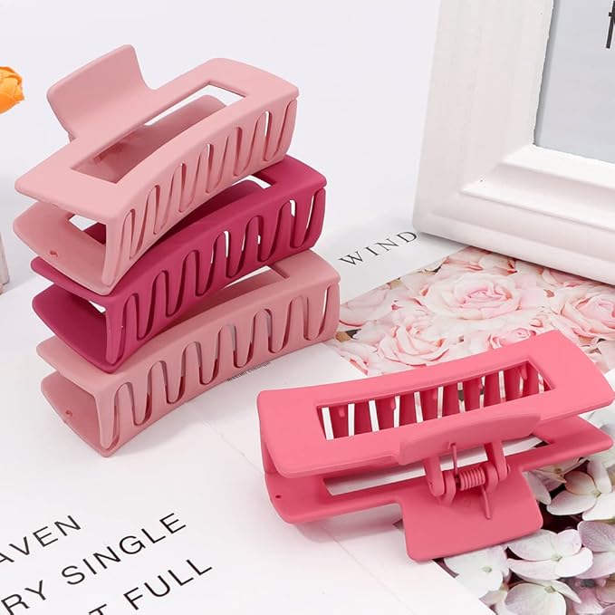 Canitor Pink Hair Clips Set for Women - 4PCS Matte Rectangular Claw Barrettes, Non-Slip Large Clips for Thick Hair, French Design