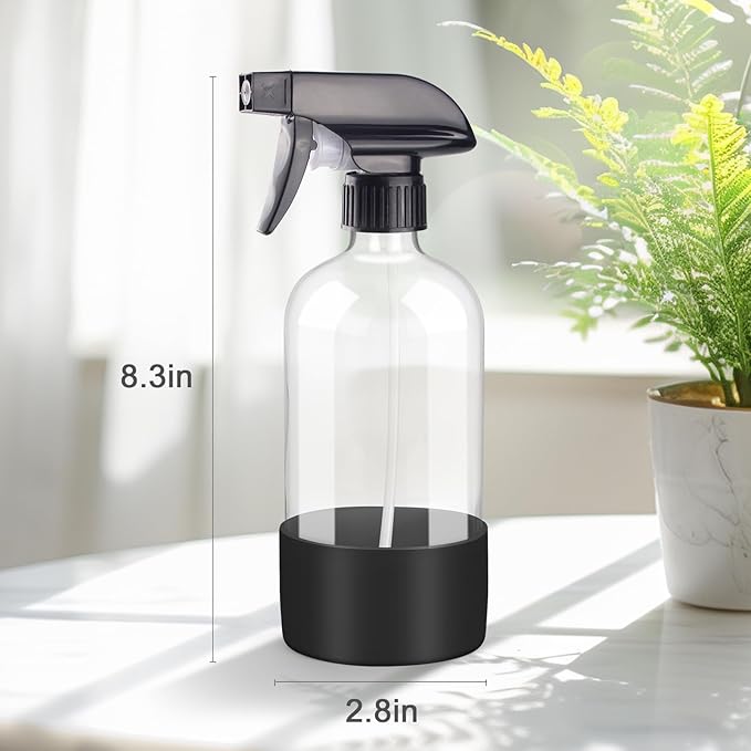 Worldgsb 2 Pack Glass Spray Bottles with Silicone Sleeve, 16 oz Empty Refillable Containers with Adjustable Spray Nozzles, Spray Bottles for Hair, Cleaning Solutions and Plants Black&Grey