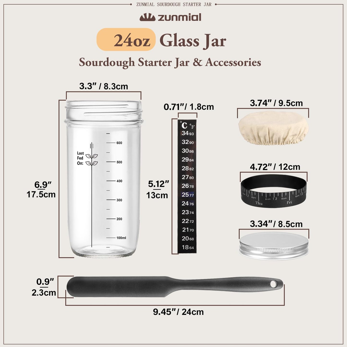 Zunmial Sourdough Starter kit, 34OZ Sourdough Starter Jar with Date Marked Feeding Band, ThermometerCloth Cover & Metal Lid, Reusable Sourdough Bread Baking Supplies, Home Baking Gifts