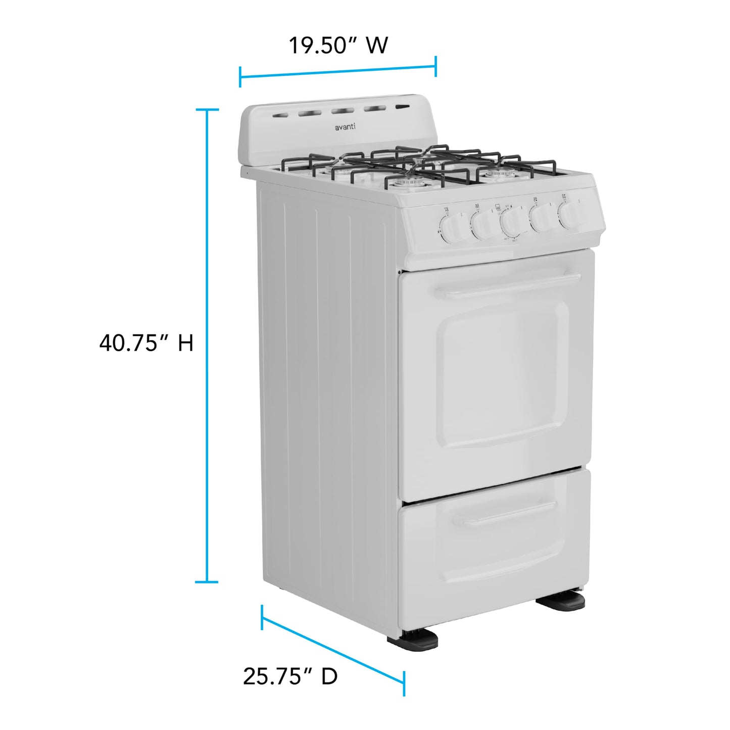 Avanti Gas Range Oven, Compact Freestanding Design, 4 Burners with Electronic Ignition, 2.1 Cu.Ft. Capacity Features Solid Door Storage Drawer Broiler and Accessories, 20-Inch, White