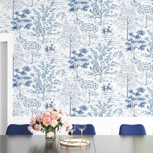 Timeet Peel and Stick Wallpaper White and Blue Wall Paper Removable Self Adhesive Wallpaper Tree Contact Paper for Bedroom Bathroom Walls Covering Vinyl Roll 17 inx78.7 in