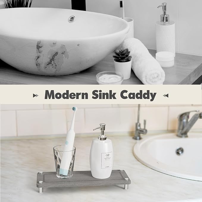 Kitchen Sink Caddy Water Absorbing Stone Tray For Sink, Diatomite Bathroom Countertop Tray Organizer, Faucet Stone Drying Mat Coaster Soap Dish Sponge Dispenser Holder (Grey)