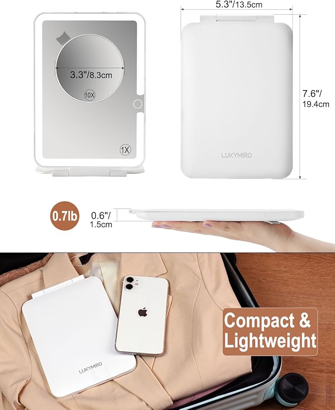 Rechargeable Travel Makeup Mirror with Lights and10x Magnification, 70 LEDs 3 Color Lights, Foldable Beauty Mirror, Portable Lighted Mirror Offwhite with Carrying Case