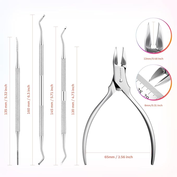 FAMILIFE Stainless Steel Pedicure Kit with Ingrown Nail Lifters, Precision File & Clipper, Multi-Use Cuticle Nippers and Trimmer for Home Foot Grooming and Correction