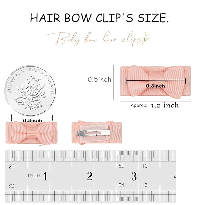 CÉLLOT 40pcs Mini 1.2" Grosgrain Ribbon Snap Clips - Tiny Fine Thin Hair Bows in Pairs for Baby Girls, Toddlers, and Infants