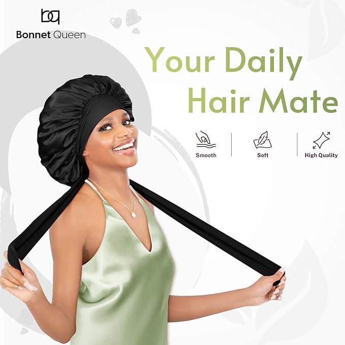 BONNET QUEEN Small Silk Bonnet for Sleeping Women Anti-Frizzy Satin Bonnet Night Sleep Cap Wrap for Curly Hair with Adjustable Tie Band, Double Layer, Black