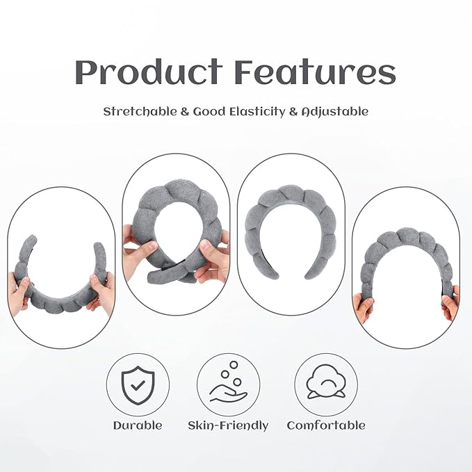 Women's Spa Terry Cloth Headband for Face Washing, Makeup Removal and Hair Care (Grey)