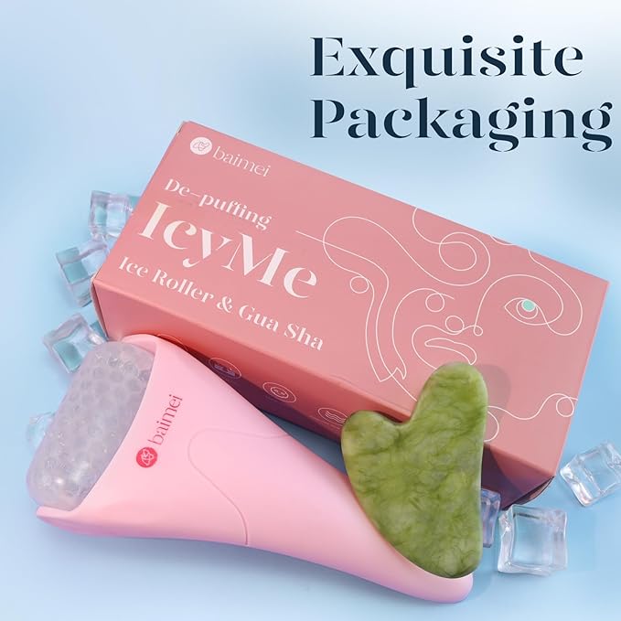 BAIMEI IcyMe Ice Roller for Face and Gua Sha Facial Tool Set, Ice Face Roller Reduces Puffiness Relieves Migraines Skin Care Tools, Self Care for Women - Pink