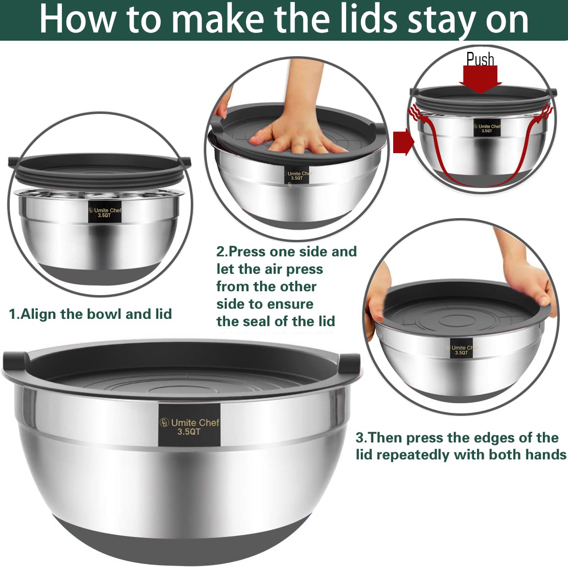 Umite Chef Mixing Bowls with Airtight Lids，6 piece Stainless Steel Metal Nesting Storage Bowls, Non-Slip Bottoms Size 7, 3.5, 2.5, 2.0,1.5, 1QT, Great for Mixing & Serving(Grey)