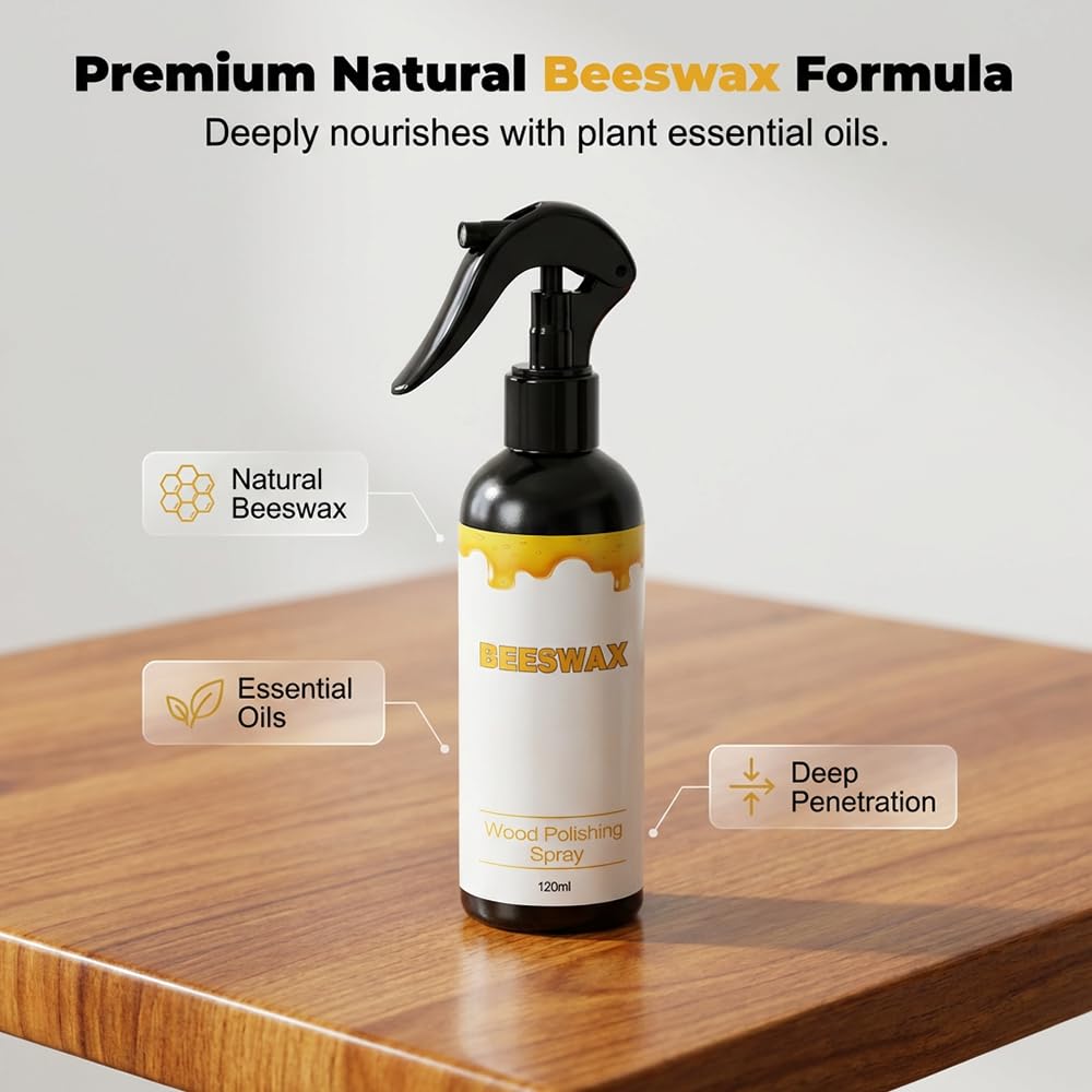 2026 New Beeswax Wood Polish Spray, 120ml Beeswax Furniture Polish Spray, Bring a Towel and a Sponge for Wood Multipurpose Wood Wax Restorer for Floors, Cabinets, and Tables (2PCS)