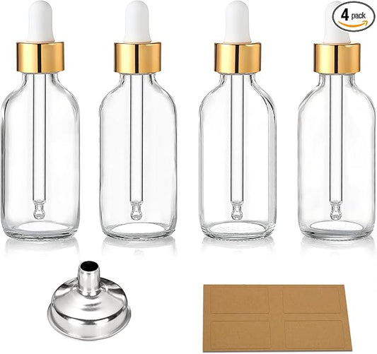 AOZITA Set of 4, 2 oz Golden Cap Clear Dropper Bottles (60ml) with 1 Funnel & 4 Labels - Glass Tincture Bottles for Essential Oils with Eye Droppers - Leak Proof Travel Bottles for Liquids