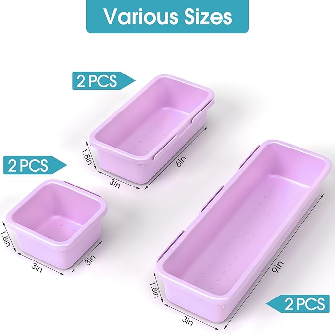 6 PCS Drawer Organizer Set, 3 Size Makeup Drawer Divider Organizer With Non-Slip Pads, Interlocking Plastic Storage Bins for Office,Jewelry Vanity,Gadgets, Bathroom,Kitchen, Purple