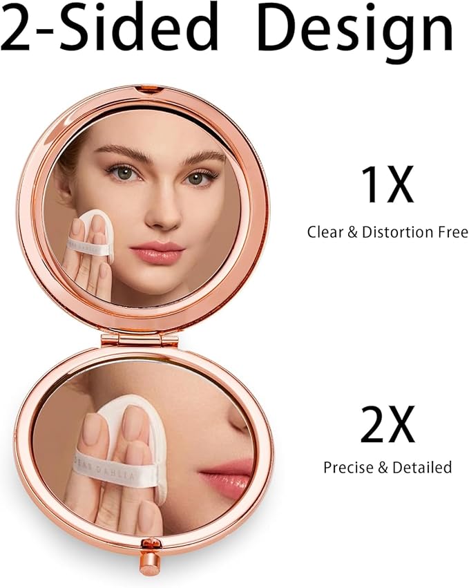 Compact Mirror for Purse, Metal Round Shell, Double-Sided 1X/2X Magnifying, Portable Travel Makeup Mirror, Mini Pocket Mirror, Rose Gold, 4 Packs